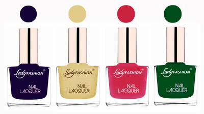 

Lady Fashion Ultra High Shine Long Stay Nail Polish Blue,Mettalic Gold,Mettalic Pink,Dark Green(Pack of 4)