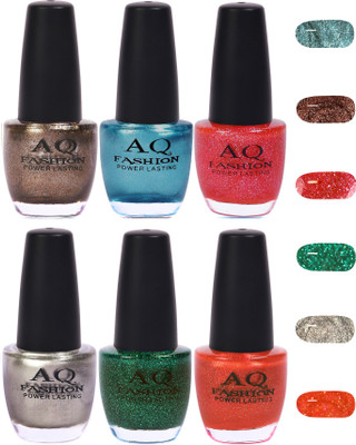 

AQ Fashion Funky Vibrant Range of Colors Nail polish Deep Grey,Firozy,Shimmer Red,Silver,Rama Green,Peaches Orange(Pack of 6)