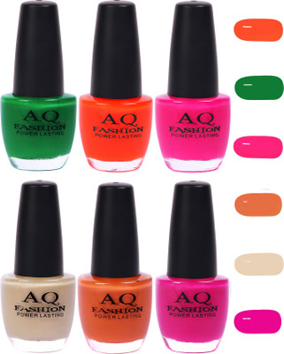 

AQ Fashion Funky Vibrant Range of Colors Nail polish Bottle Green,Frosty Orange,Neon Pink,Cream,Peach,Rani Mazenta(Pack of 6)