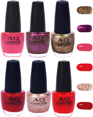 

AQ Fashion Funky Vibrant Range of Colors Nail polish Pink,Purple,Deep Golden,Blood Red,Pearl Pink,Neon Red(Pack of 6)