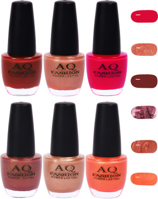 

AQ Fashion Funky Vibrant Range of Colors Nail polish Maroon,Pearl Nude,Peppy Pink,Rich brown,Nude,Shimmer Orange(Pack of 6)