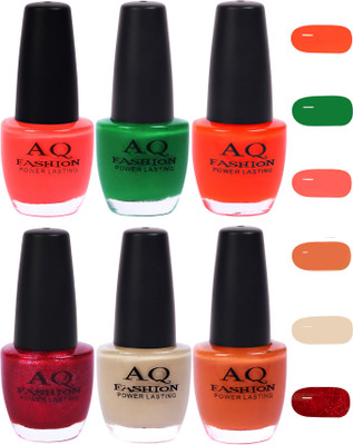 

AQ Fashion Funky Vibrant Range of Colors Nail polish Baby Pink,Bottle Green,Orange,Deep Magenta,Cream,Peach(Pack of 6)
