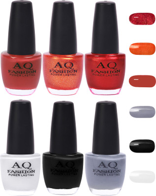 

AQ Fashion Funky Vibrant Range of Colors Nail polish Mauvish Brown,Shimmer Orange,Shimmer Red,White,Black,Grey(Pack of 6)