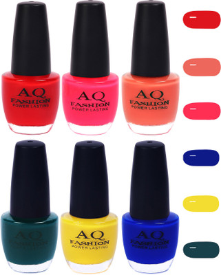 

AQ Fashion Funky Vibrant Range of Colors Nail polish Red,Neon Pink,Peach,Rama Green,Yellow,Ink Blue(Pack of 6)