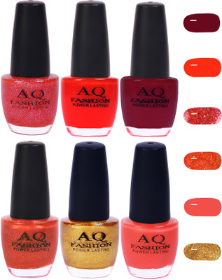 

AQ Fashion Funky Vibrant Range of Colors Nail polish Strawberry Pink,Neon Red,Plum,Peaches Oranges,Golden,Pink(Pack of 6)