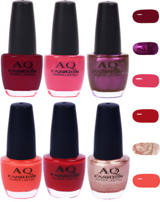 

AQ Fashion Funky Vibrant Range of Colors Nail polish Plum,Violet Pink,Deep Purple,Peach Pink,Blood Red,Pearl Pink(Pack of 6)