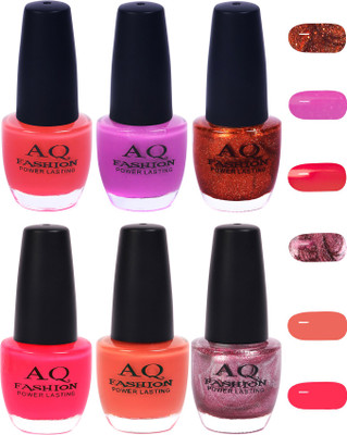 

AQ Fashion Funky Vibrant Range of Colors Nail polish Pink,Violet,Copper,Neon Pink,Peach,Shimmer Purple(Pack of 6)