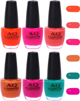 

AQ Fashion Funky Vibrant Range of Colors Nail polish Orange,Neon Mazenta,Pink,Peach,Mazenta,Turquoise(Pack of 6)