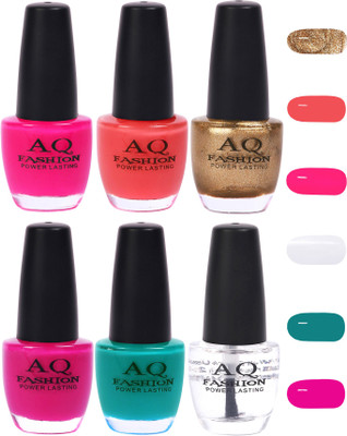 

AQ Fashion Funky Vibrant Range of Colors Nail polish Fuchsia,Pink,Gold,Deep Magenta,Turquoise,Transparent(Pack of 6)