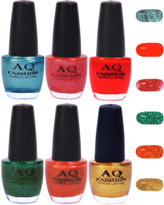 

AQ Fashion Funky Vibrant Range of Colors Nail polish Firozy Blue,Pinkish Shimmer,Sunset Red,Shimmer Green,Peaches Orange,Golden(Pack of 6)