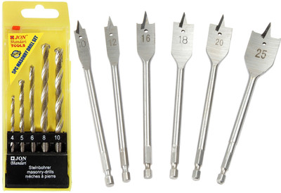 

jon bhandari 6 pc flat wood bit set and 5 pc masonry drilling bit set pack of 2 Hand Tool Kit(2 Tools), Silver;yellow
