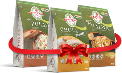 

Just 2 Eat Combo : Chole Masala, Veg. Pulao & Moong Dal Halwa [Pack of 3] [800 gm] 800 g