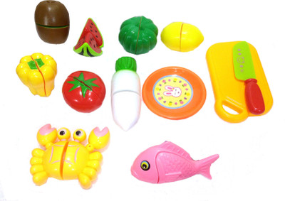 

TALKING GANESHA 12 Pieces Realistic Slicing Fruits, Vegetables, Crab, Fish Pretend & Play Toy for Set for Kids - Multicolor