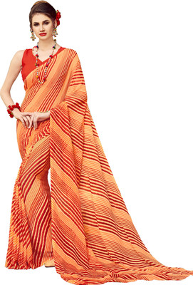 AJS Striped Leheria Chiffon Saree(Orange, Red) Flipkart