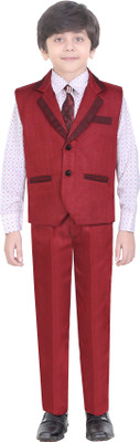 

Jeetethnics Waistcoat Suit Self Design Boys Suit, Maroon