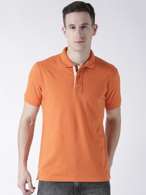 Club York Solid Men Polo Neck White, Orange T-Shirt