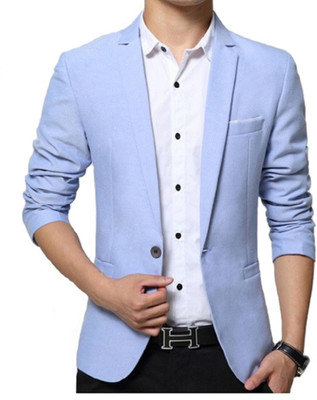 One Click Solid Single Breasted Party, Casual Men Blazer(Light Blue)