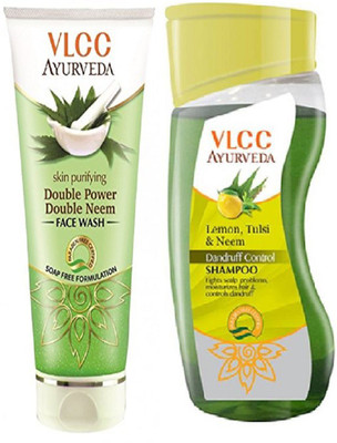 

VLCC Ayurveda Dandruff control shampoo 100ml + Double Power Double Neem face wash 100ml(Set of 2)