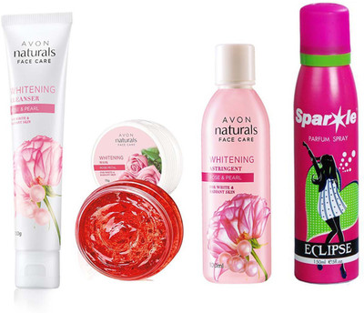 

Avon Anew Natural Face care Whitening Mask -Rose Petal (75 g) & one NATURALS ROSE & ROSE PEARL TONER (100 ml) & one Whitening Cleanser Rose & Pearl (100 g) With one sparkle perfume spray 150 ml(Set of 4)