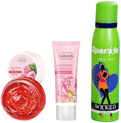 

Avon Anew Natural Face care Whitening Mask -Rose Petal (75 g) & one Whitening Powdery Cream Rose & Pearl (50 g) With one sparkle perfume spray 150 ml(Set of 3)