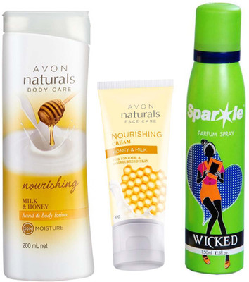 

Avon Anew Naturals Milk & Honey Hand & Body Lotion (200 ml) & one NATURALS NURISHING HONEY & MILK CREAM (50 g) With one sparkle perfume spray 150 ml(Set of 3)