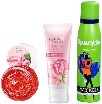 

Avon Anew Natural Face care Whitening Mask -Rose Petal (75 g) & one Whitening Day Cream Rose & Pearl Glow (50 g) With one sparkle perfume spray 150 ml(Set of 3)