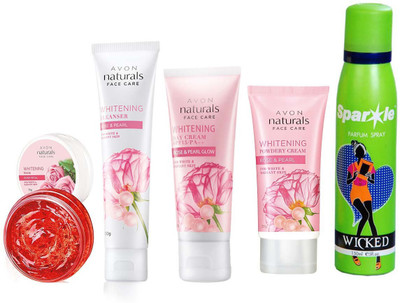 

Avon Anew Natural Face care Whitening Mask -Rose Petal (75 g) & one Whitening Cleanser Rose & Pearl (100 g) & one Whitening Day Cream Rose & Pearl Glow (50 g) one Whitening Powdery Cream Rose & Pearl (50 g) With one sparkle perfume spray 150 ml(Set of 5)