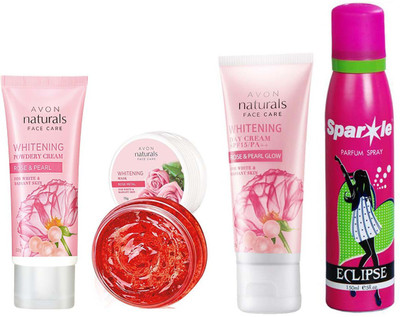 

Avon Anew Natural Face care Whitening Mask -Rose Petal (75 g) & one Whitening Day Cream Rose & Pearl Glow (50 g) & one Whitening Powdery Cream Rose & Pearl (50 g) With one sparkle perfume spray 150 ml(Set of 4)