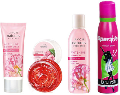 

Avon Anew Natural Face care Whitening Mask -Rose Petal (75 g) & one NATURALS ROSE & ROSE PEARL TONER (100 ml) & one Whitening Powdery Cream Rose & Pearl (50 g) With one sparkle perfume spray 150 ml(Set of 4)