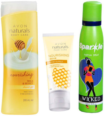

Avon Anew NATURALS NURISHING HONEY & MILK CREAM (50 g) & one Milk & Honey Shower Gel (200 ml) With one sparkle perfume spray 150 ml(Set of 3)