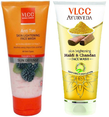 

VLCC Anti tan skin lightening face wash 150ml + Haldi chandan face wash 100ml(Set of 2)