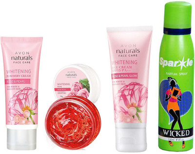 

Avon Anew Natural Face care Whitening Mask -Rose Petal (75 g) & one Whitening Day Cream Rose & Pearl Glow (50 g) & one Whitening Powdery Cream Rose & Pearl (50 g) With one sparkle perfume spray 150 ml(Set of 4)