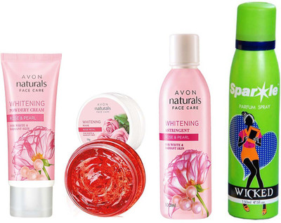 

Avon Anew Natural Face care Whitening Mask -Rose Petal (75 g) & one NATURALS ROSE & ROSE PEARL TONER (100 ml) & one Whitening Powdery Cream Rose & Pearl (50 g) With one sparkle perfume spray 150 ml(Set of 4)