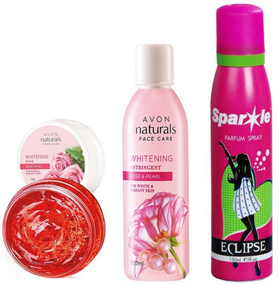 

Avon Natural Face Care Whitening Mask -Rose Petal (75 G) & One Naturals Rose & Rose Pearl Toner (100 Ml) With One Sparkle Perfume Spray 150 Ml(Set of 3)