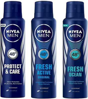 

Nivea men Protect & Care, Fresh Active Orignal and Fresh Ocean Deodorant Spray 150ML Each (pack of 3) Deodorant Spray - For Men(450 ml, Pack of 3)