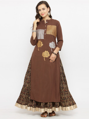 Varanga Women Printed Straight Kurta(Brown)