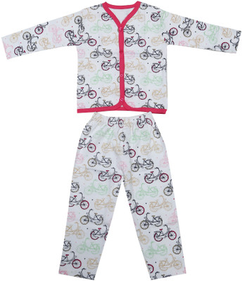 KABOOS Kids Nightwear Boys & Girls Printed Cotton Blend(White Pack of 1)