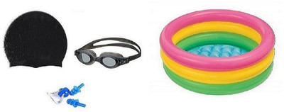 

YUKI BLACK COLOR GOGGLES, CAP WITH EAR & NOSE PLUG, 2 FEET MULTICOLOR TUB Swimming Kit