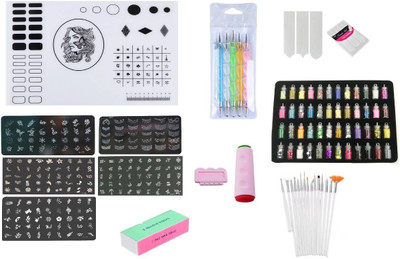 

Royalkart Mega Combo Kit Of Nail Art Tools 3D Nail Art Nail Stamping Image Plates, Double-Sided Stamper & Metal Scraper,48pcs Glitter Bottles Set, 15pcs Nail Art Brush Set, 5pcs Double-Sided Dotting Tool, Nail Buffer, Nail Strips & Nail Art Silicone Soft 