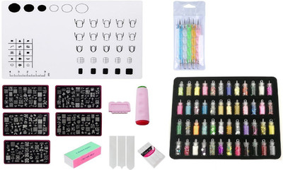 

Royalkart Mega Combo Kit Of Nail Art Tools 3D Nail Art Nail Stamping Image Plates, Double-Sided Stamper & Metal Scraper,48pcs Glitter Bottles Set, 5pcs Double-Sided Dotting Tool, Nail Buffer, Nail Strips & Nail Art Silicone Soft Foldable Washable Stamp Ma
