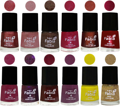 

Fabia Premium Collection 12 Piece Color Nail Polish Shades Nude Pink-Light pink-Dark Brown-Cherry Pink-Berry-Dark Magenta-Rose Pink-Dark Purple-Royal Red-Brinjal Purple-Yellow-Light Golden(Pack of 12)