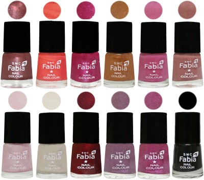 

Fabia Premium Lacquer Extra Shine Nail Polish Shades Of (12 Pcs Nail Polish) Dark Red Chrome-Peach-Light Magenta-Golden -Light Plum-Nude-Lychee-Light Cream-Maroon-Light Violet-Rani-Black(Pack of 12)