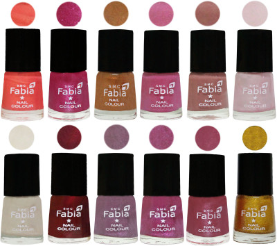 

Fabia Premium Shine & Glossy Nail Polish Collection Shades (12 Pcs Combo) Peach-Light Magenta-Golden -Light Plum-Nude-Lychee-Light Cream-Maroon-Light Violet-Rani-Pink Maroonish-Jerry Golden(Pack of 12)