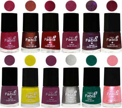

Fabia Premium Shine & Glossy Nail Polish Collection Shades (12 Pcs Combo) Cherry Pink-Berry-Dark Magenta-Rose Pink-Dark Purple-Royal Red-Brinjal Purple-Yellow-Light purple-Silver-Green-Jerry Peach(Pack of 12)