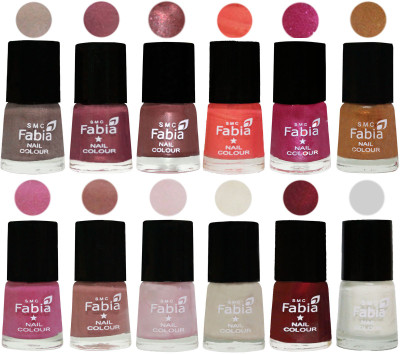 

Fabia Premium Lacquer Extra Shine Nail Polish Shades Of (12 Pcs Nail Polish) Light Beige-Dusty Pink-Dark Red Chrome-Peach-Light Magenta-Golden -Light Plum-Nude-Lychee-Light Cream-Maroon-White(Pack of 12)
