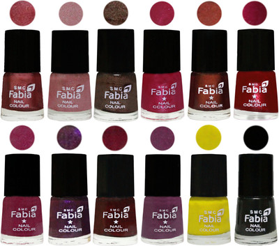 

Fabia Premium Shine & Glossy Nail Polish Collection Shades (12 Pcs Combo) Nude Pink-Light pink-Dark Brown-Cherry Pink-Berry-Dark Magenta-Rose Pink-Dark Purple-Royal Red-Brinjal Purple-Yellow-Black(Pack of 12)
