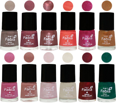 

Fabia Premium Shine & Glossy Nail Polish Collection Shades (12 Pcs Combo) Light Beige-Dusty Pink-Dark Red Chrome-Peach-Light Magenta-Golden -Light Plum-Nude-Lychee-Light Cream-Maroon-Green(Pack of 12)