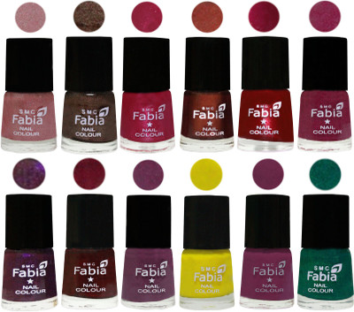 

Fabia Premium Shine & Glossy Nail Polish Collection Shades (12 Pcs Combo) Light pink-Dark Brown-Cherry Pink-Berry-Dark Magenta-Rose Pink-Dark Purple-Royal Red-Brinjal Purple-Yellow-Light purple-Green(Pack of 12)
