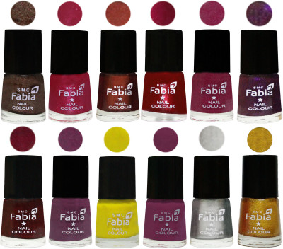 

Fabia Premium Lacquer Extra Shine Nail Polish Shades Of (12 Pcs Nail Polish) Dark Brown-Cherry Pink-Berry-Dark Magenta-Rose Pink-Dark Purple-Royal Red-Brinjal Purple-Yellow-Light purple-Silver-Jerry Golden(Pack of 12)