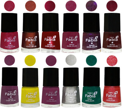 

Fabia Premium Lacquer Extra Shine Nail Polish Shades Of (12 Pcs Nail Polish) Cherry Pink-Berry-Dark Magenta-Rose Pink-Dark Purple-Royal Red-Brinjal Purple-Yellow-Light purple-Silver-Green-Jerry Pink(Pack of 12)